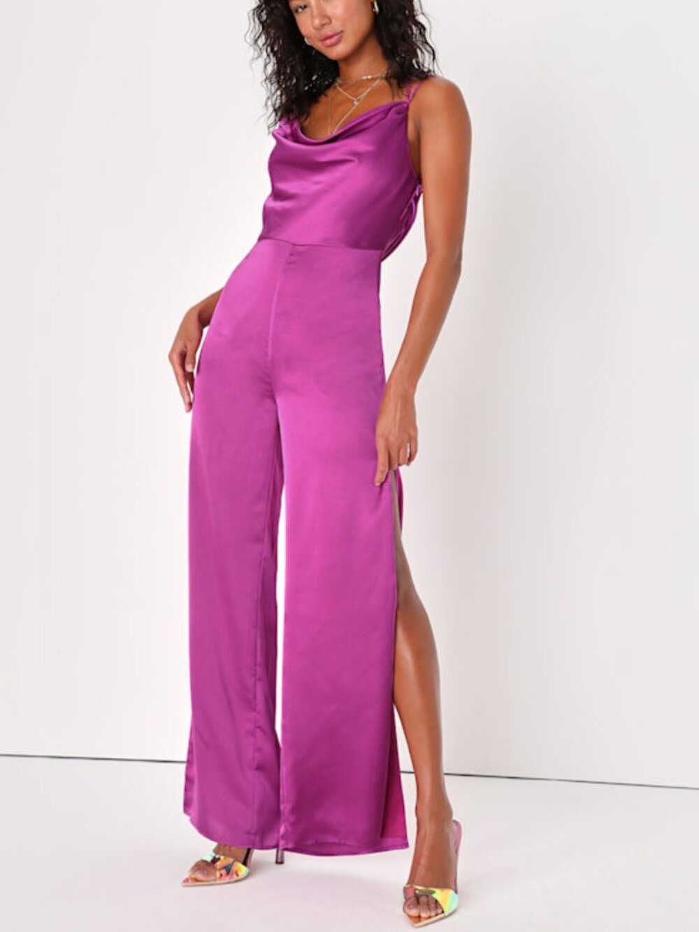 Lulus Bring The Boldness Purple Satin Split-leg Backless Jumpsuit - Size S